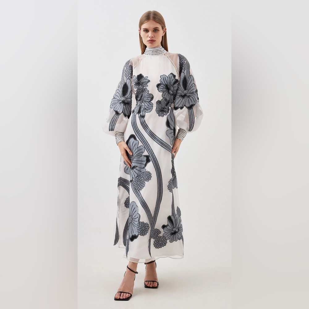 Karen Millen Applique Organdie Floral Graphic Woven Maxi Dress